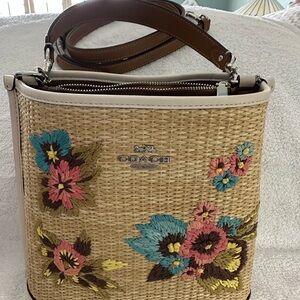 Coach Tan Woven Bag with Floral Embroidery